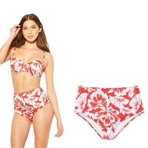 NWOT Shade & Shore Red White Tropical Print Hawaiian High Waist Bikini Bottom S